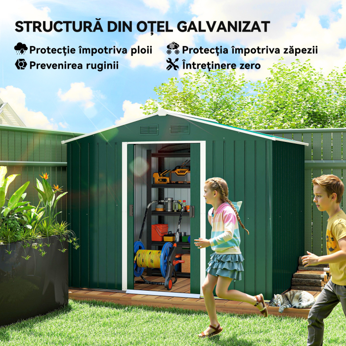  Magazie de Gradina 3,6m² din Foi de Otel cu 2 Usi Glisante si 4 Guri de Aerisire, 236x174x190 cm, Verde [4]