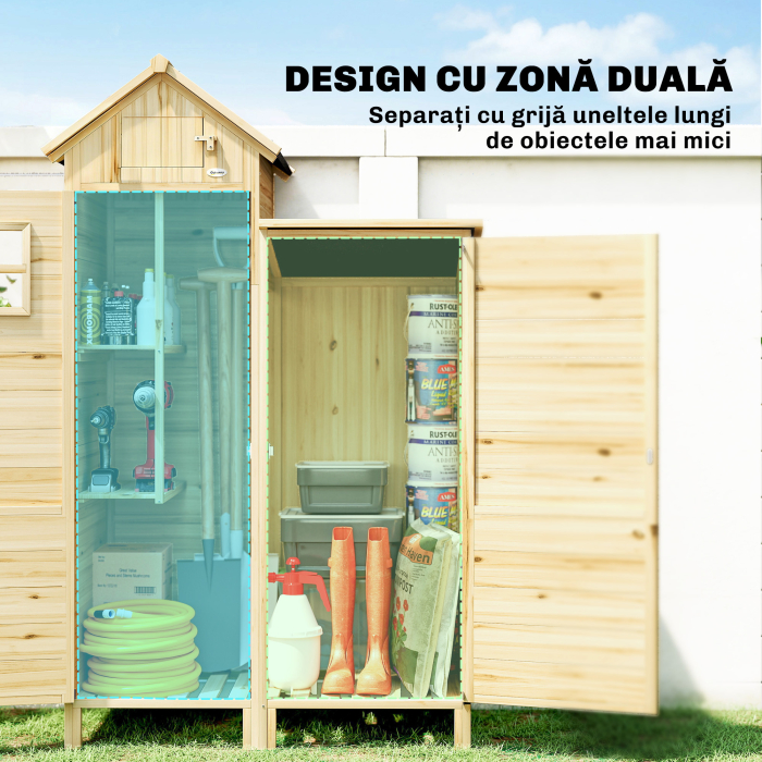  Magazie de Gradina cu 2 Zone, Rafturi Reglabile si Fereastra, din Lemn de Brad, 106x57x167 cm, Culoare Lemn [4]
