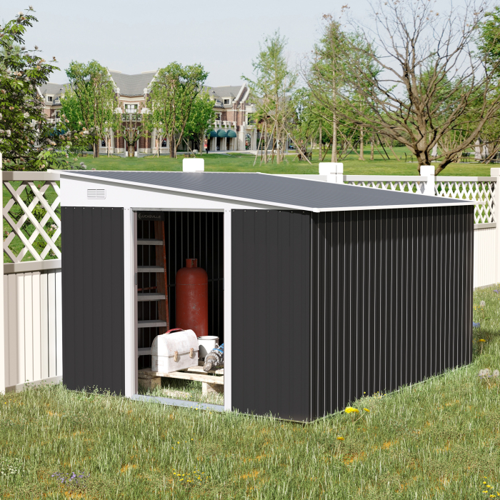 Magazie de Gradina  cu Usa Glisanta si Orificii de Aerisire, din Otel Galvanizat, 345x280.5x169-201 cm, Negru [2]