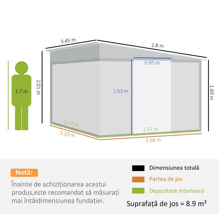 Magazie de Gradina  cu Usa Glisanta si Orificii de Aerisire, din Otel Galvanizat, 345x280.5x169-201 cm, Negru [3]