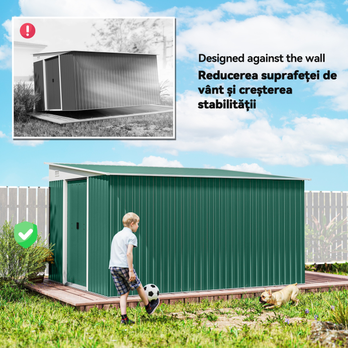  Magazie de Gradina cu Usa Glisanta si Orificii de Aerisire, din Otel Galvanizat, 345x280,5x169-201cm, Verde [6]