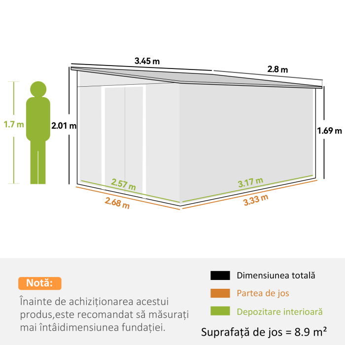  Magazie de Gradina cu Usa Glisanta si Orificii de Aerisire, din Otel Galvanizat, 345x280,5x169-201cm, Verde [3]