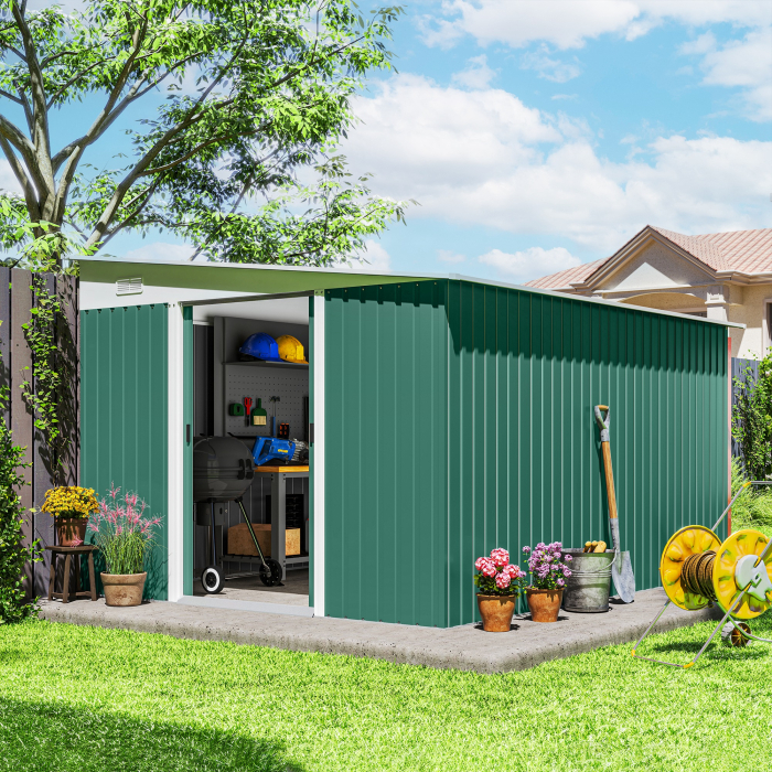  Magazie de Gradina cu Usa Glisanta si Orificii de Aerisire, din Otel Galvanizat, 345x280,5x169-201cm, Verde [2]