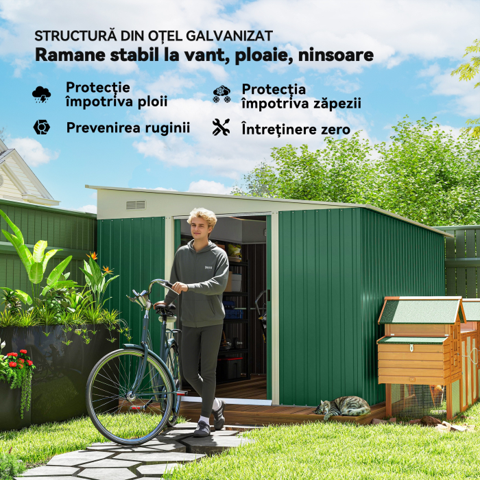  Magazie de Gradina cu Usa Glisanta si Orificii de Aerisire, din Otel Galvanizat, 345x280,5x169-201cm, Verde [4]