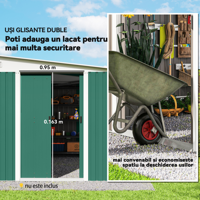  Magazie de Gradina cu Usa Glisanta si Orificii de Aerisire, din Otel Galvanizat, 345x280,5x169-201cm, Verde [5]