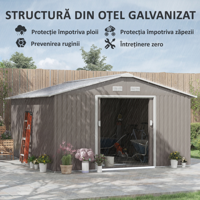  Magazie de Gradina cu Usi Duble Glisante si Acoperis Inclinat, Sopron de Gradina din Otel si PP, 3.4x4x2m, Gri [4]