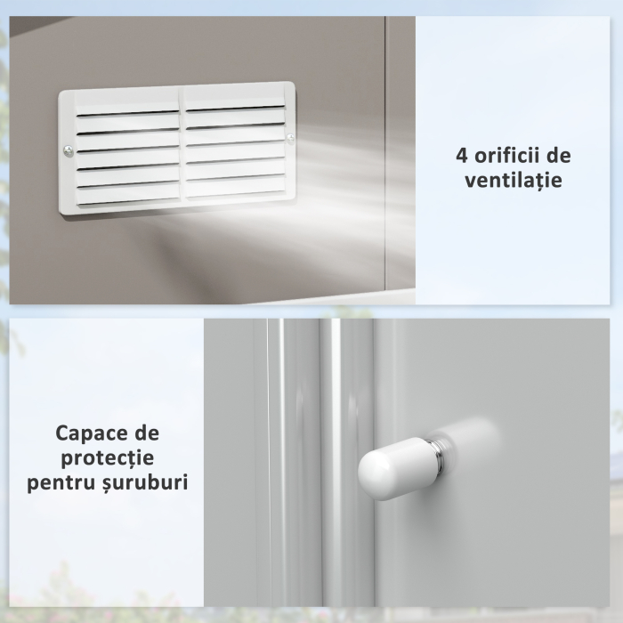  Magazie de Gradina cu Usi Duble Glisante si Acoperis Inclinat, Sopron de Gradina din Otel si PP, 3.4x4x2m, Gri [7]