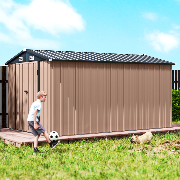  Magazie de Gradina din Metal 364 x 238 cm cu 4 Grile de Ventilatie si Usi Duble cu incuietoare, Maro [9]