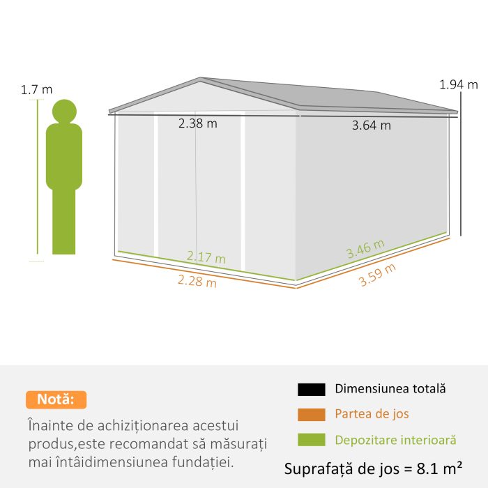  Magazie de Gradina din Metal 364 x 238 cm cu 4 Grile de Ventilatie si Usi Duble cu incuietoare, Maro [3]