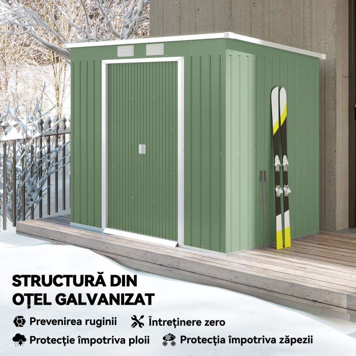  Magazie de gradina din otel cu acoperis inclinat, usa glisanta dubla si orificii de aerisire, 213x130x173 cm, verde [4]