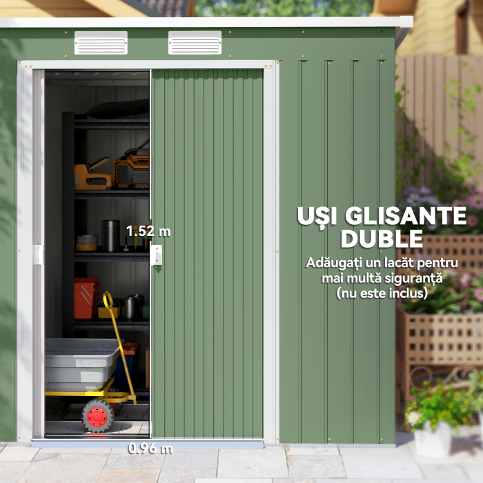  Magazie de gradina din otel cu acoperis inclinat, usa glisanta dubla si orificii de aerisire, 213x130x173 cm, verde [5]