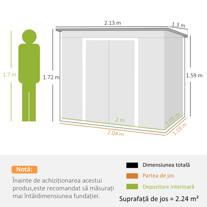  Magazie de gradina din otel cu acoperis inclinat, usa glisanta dubla si orificii de aerisire, 213x130x173 cm, verde [3]