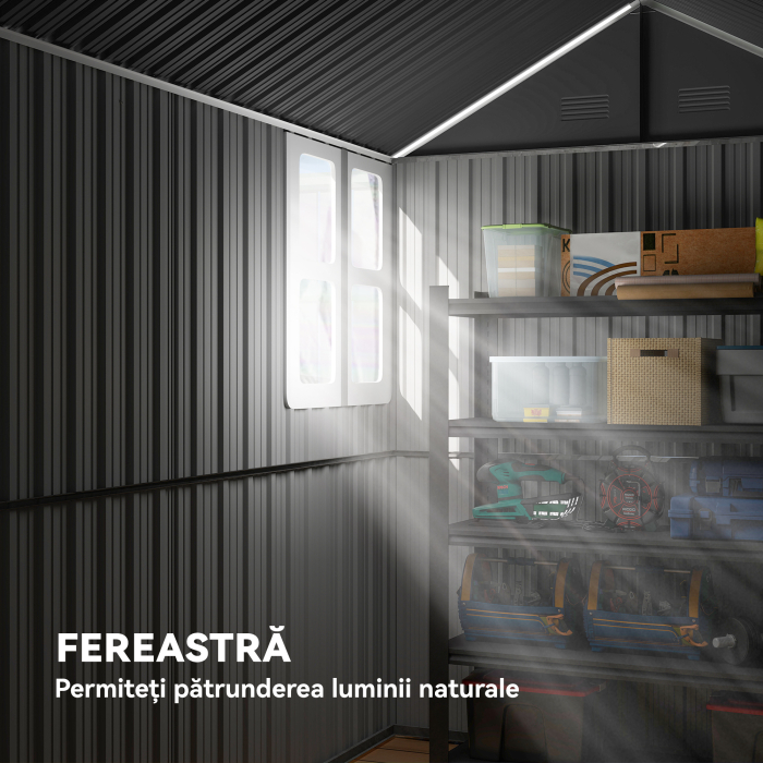  Magazie de Gradina din Otel Galvanizat si PP cu 4 Guri de Aerisire si Fereastra, 259x171x222 cm, Gri si Alb [5]