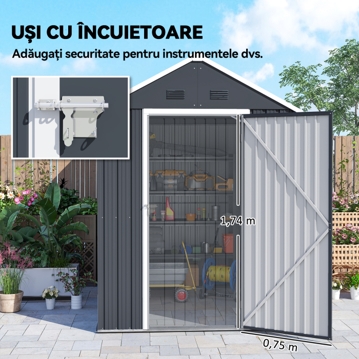  Magazie de Gradina din Otel Galvanizat si PP cu 4 Guri de Aerisire si Fereastra, 259x171x222 cm, Gri si Alb [7]