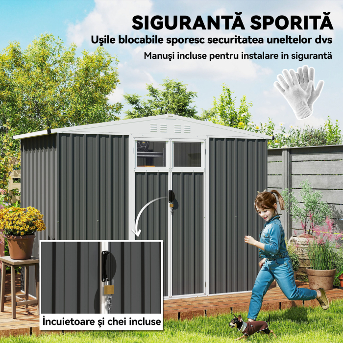  Magazie de Gradina pentru Unelte din Otel Zincat cu 2 Usi, 246x117x180 cm, Gri inchis [5]