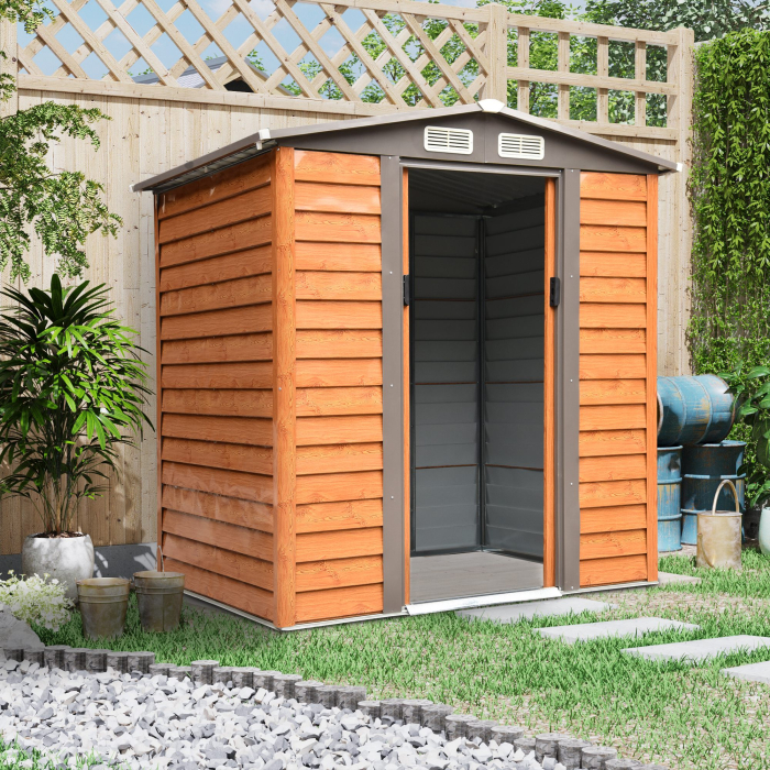 Magazie de gradina robuste din otel cu usi glisante, efect lemn, 197,5 x 160 x 178-201 cm - depozitare unelte & scule [2]