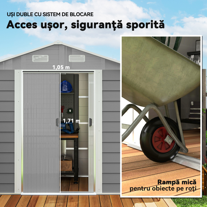  Magazie de Gradina, Suport pentru Unelte din Otel cu Usi Glisante si Orificii de Aerisire, 236x196x210cm, Maro [6]