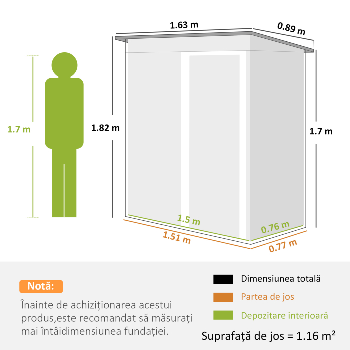  Magazie de Scule din Otel, 1 Usa Glisanta, Remiza de Gradina Neagra, Acoperis inclinat 163 x89 x182cm [3]