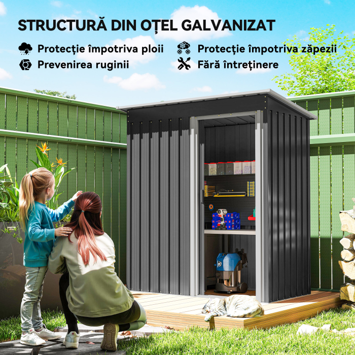  Magazie de Scule din Otel, 1 Usa Glisanta, Remiza de Gradina Neagra, Acoperis inclinat 163 x89 x182cm [4]