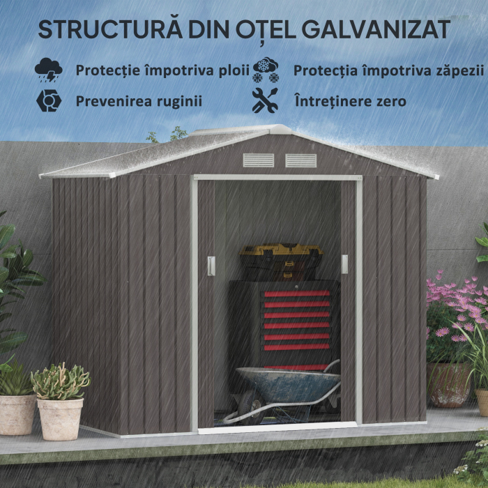  Magazie Gradina Metal cu Usi Glisante pentru Familie, 213x130x185 cm, Gri [5]