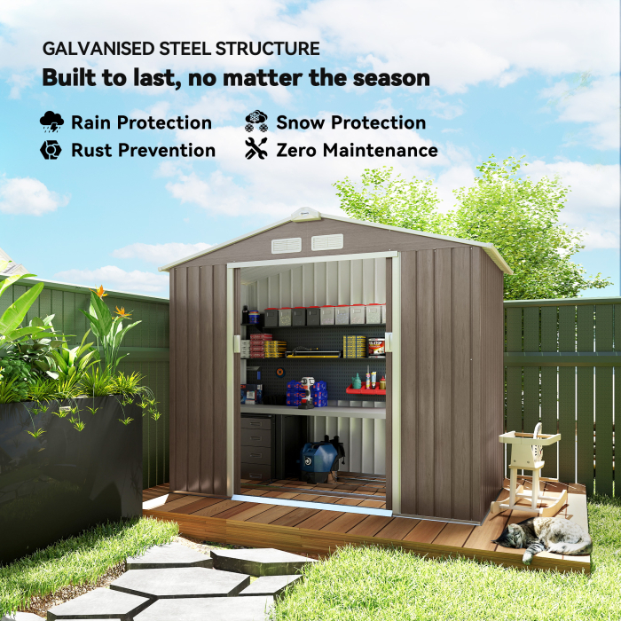  Magazie Gradina Metalica cu Orificii de Ventilatie si Usa Culisanta Dubla pentru Gradinarit si DIY, 213x130x185 cm, Maro [4]