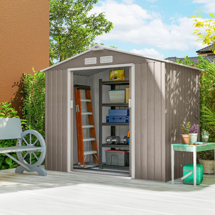  Magazie Gradina Metalica cu Orificii de Ventilatie si Usa Culisanta Dubla pentru Gradinarit si DIY, 213x130x185 cm, Maro [2]