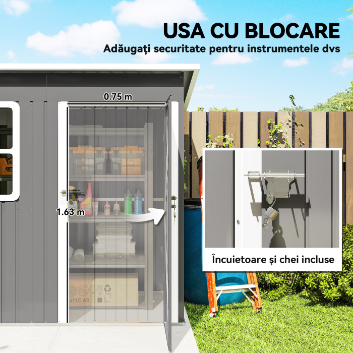  Magazie Gradina pentru unetele, cu Usa Larga si Fereastra, 221x133x190 cm, Gri inchis [6]