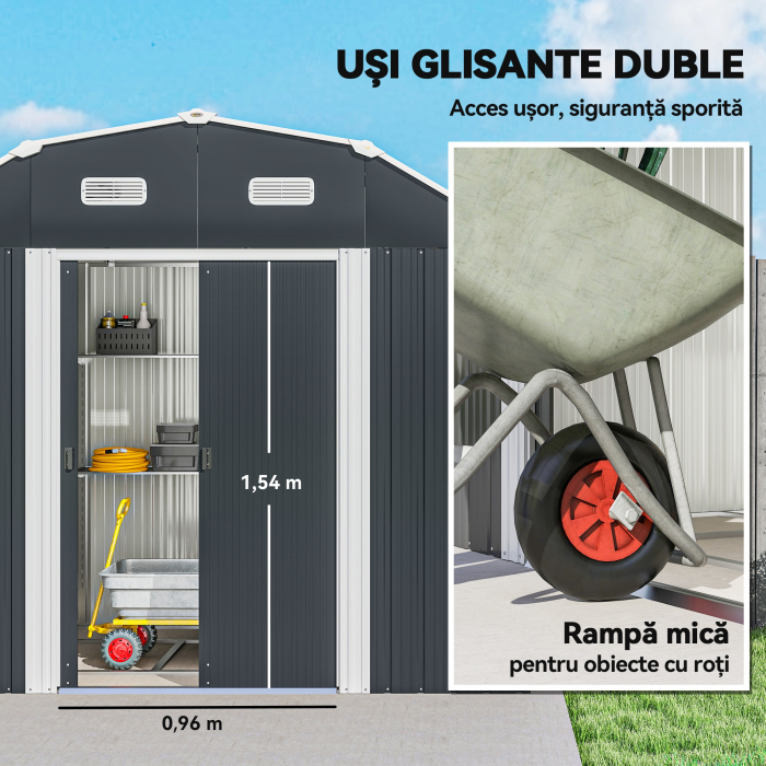  Magazie pentru unelte cu rafturi reglabile si 2 ferestre, din otel zincat, 238x132x198.5 cm, gri inchis [5]