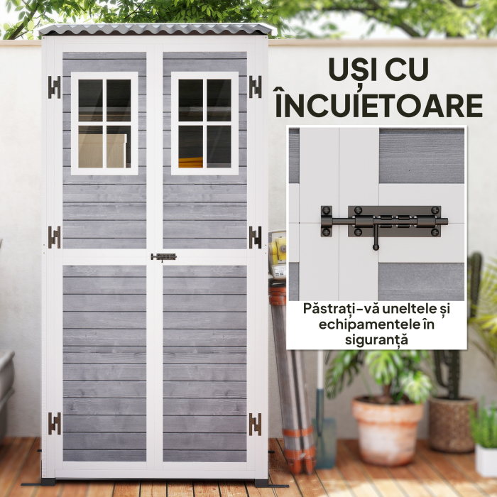  Magazie pentru Unelte de Gradina din Lemn de Brad cu 2 Ferestre si Rafturi Reglabile, 91x69x192cm, Gri Deschis [8]