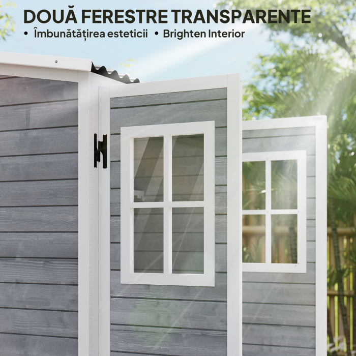  Magazie pentru Unelte de Gradina din Lemn de Brad cu 2 Ferestre si Rafturi Reglabile, 91x69x192cm, Gri Deschis [4]
