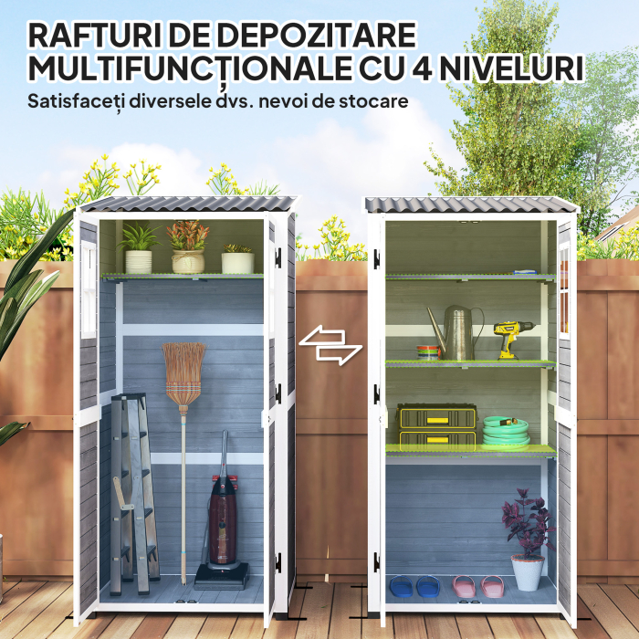  Magazie pentru Unelte de Gradina din Lemn de Brad cu 2 Ferestre si Rafturi Reglabile, 91x69x192cm, Gri Deschis [5]