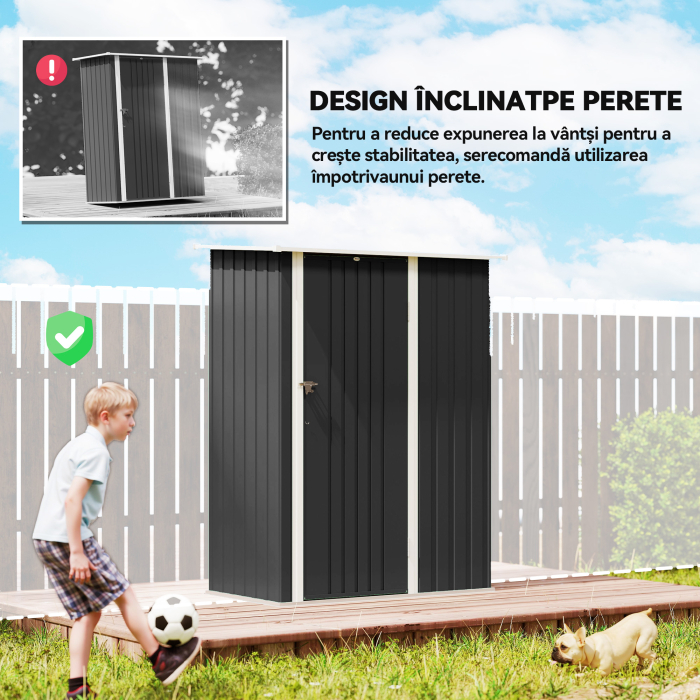  Magazie pentru Unelte din Metal cu Acoperis inclinat si Usa Blocabila, 142x86x189 cm, Gri inchis [6]