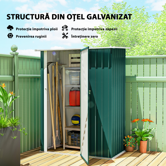  Magazie pentru unelte din metal cu acoperis inclinat si usa blocabila, 142x86x189 cm, verde [4]