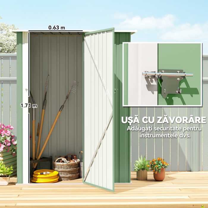  Magazie pentru unelte din metal cu acoperis inclinat si usa cu incuietoare, 142x86x189 cm, verde deschis [5]