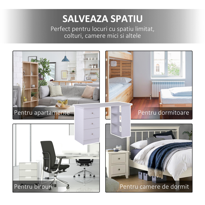  Masa Birou Alba - Cu Sertare & Rafturi Laterale, 120 cm [8]