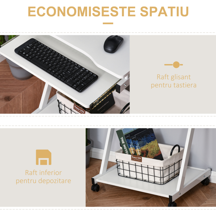  Masa Birou Alba - Cu Tastatura Glisanta & Roti [5]