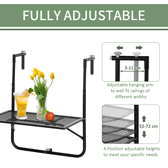  Masa de Balustrada Pliabila din Metal, 60x60x57-72cm, Negru [4]