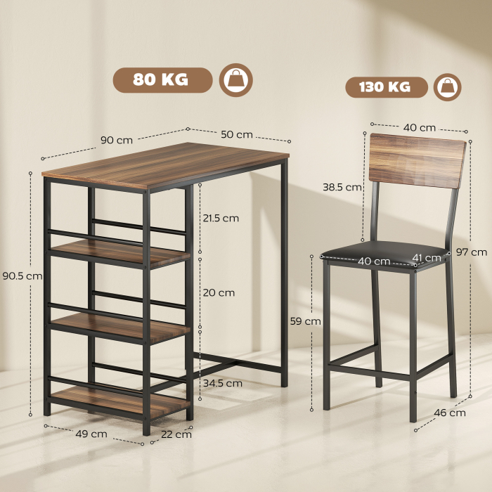  Masa de bar cu 3 rafturi si 2 scaune cu suport pentru picioare si spatar, din lemn si otel, negru si culoare nuc [3]