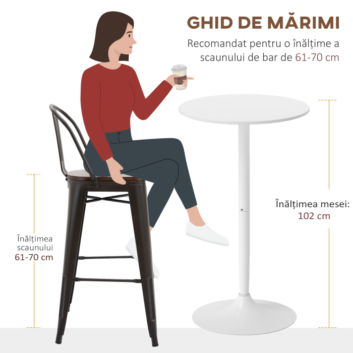 , Masa de Bar, Cu Blat Rotund si Baza, MDF, Otel, 60 x 60 x 102 cm, Alb [7]