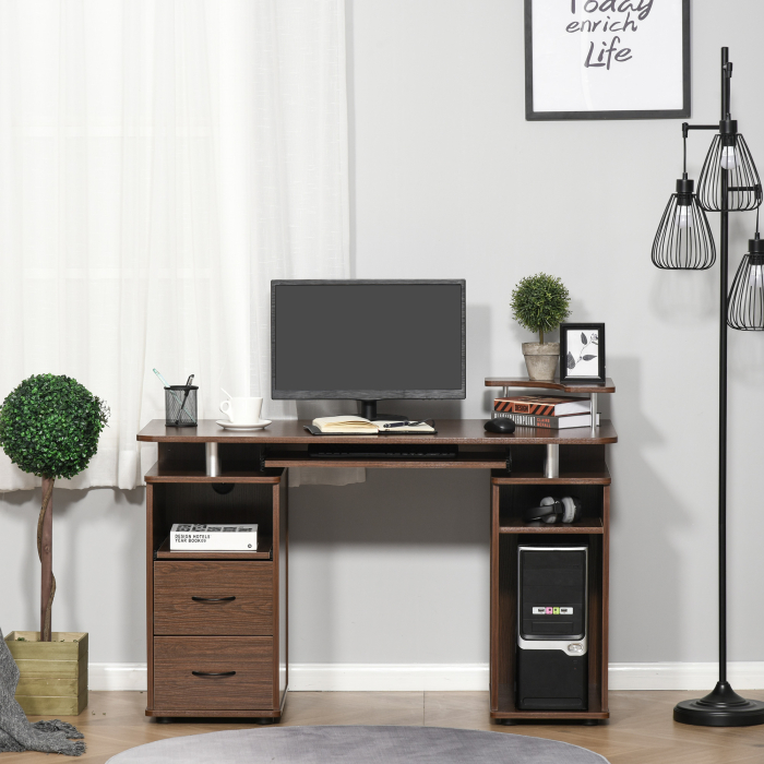  Masa de Birou Moderna cu Suport pentru Computer, Sertare, Polita Extensibila si Suport pentru Tastatura, 120x55x85 cm, Maro [2]