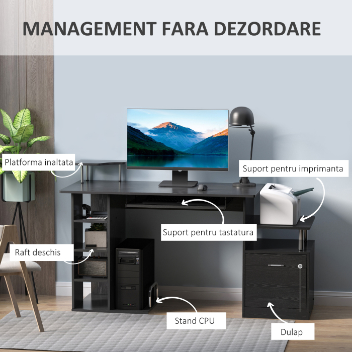  Masa de Birou pentru Calculator, Moderna, Masa de Birou PC cu Etajera Culisanta pentru Tastatura, 152 x 60 x 88 cm, Neagra [4]