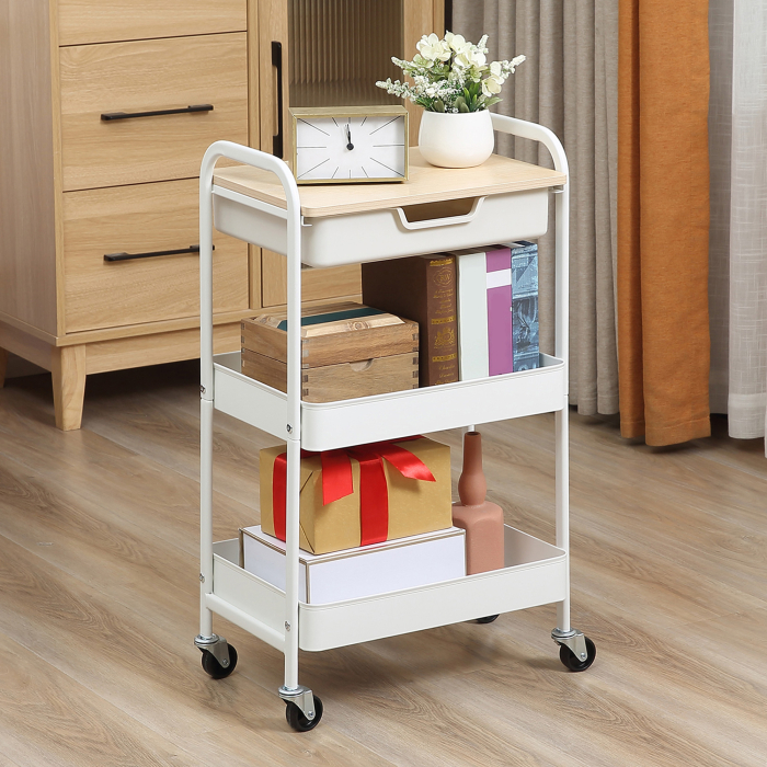  Masa de bucatarie carucior de servire 2 rafturi sertar tava aspect de lemn deschis otel PP alb [2]