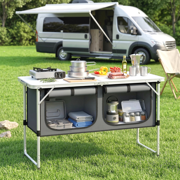  Masa de Bucatarie pentru Camping Pliabila cu Dulap din Material Oxford Cadru din Aluminiu pentru Picnic 120x47x70 cm Argintiu [2]