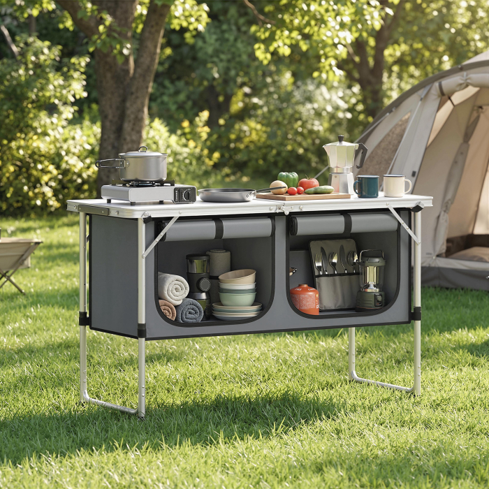  Masa de Bucatarie pentru Camping Pliabila cu Dulap din Material Oxford Cadru din Aluminiu pentru Picnic 120x47x70 cm Argintiu [4]