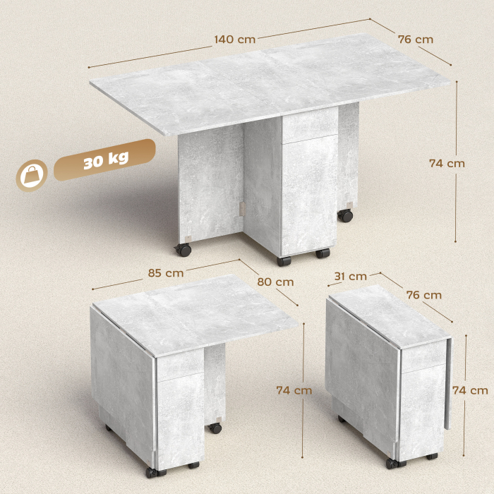 Masa de Bucatarie Pliabila pe Roti cu 2 Sertare, 2 Usi si Dulap, din Lemn, 140x76x74 cm, Gri Ciment [3]