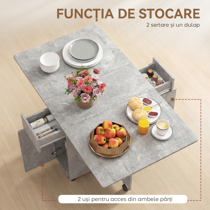  Masa de Bucatarie Pliabila pe Roti cu 2 Sertare, 2 Usi si Dulap, din Lemn, 140x76x74 cm, Gri Ciment [6]