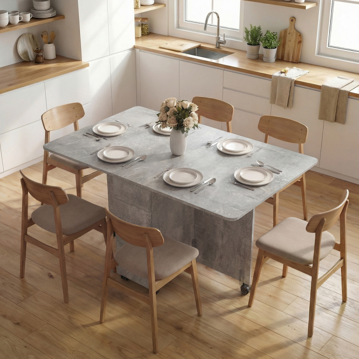  Masa de Bucatarie Pliabila pe Roti cu 2 Sertare, 2 Usi si Dulap, din Lemn, 140x76x74 cm, Gri Ciment [2]