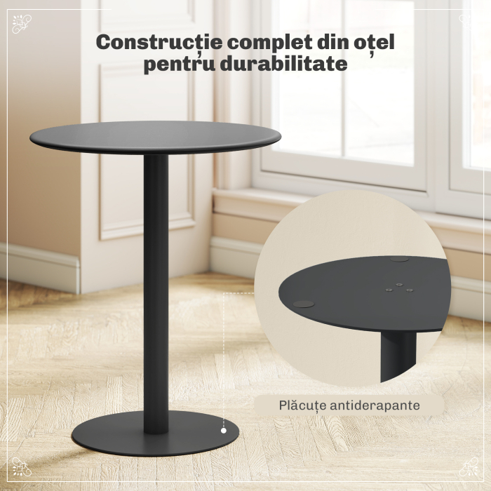  Masa de Bucatarie Rotunda pentru 2 Persoane cu Design Modern din Otel, Ø60x72 cm, Negru [5]