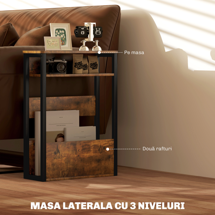  Masa de cafea in stil industrial pentru living, cu 2 rafturi, din lemn si metal, 46x18x58,5 cm, maro [4]