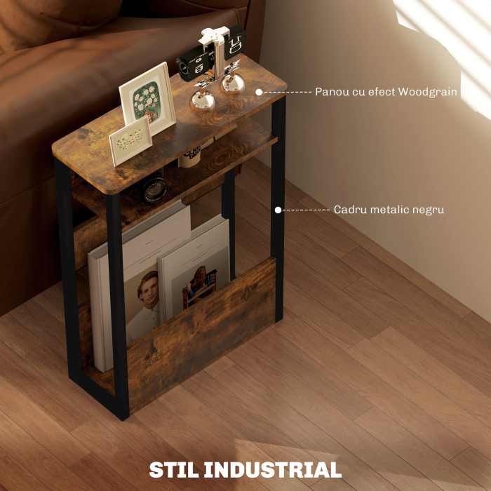  Masa de cafea in stil industrial pentru living, cu 2 rafturi, din lemn si metal, 46x18x58,5 cm, maro [7]